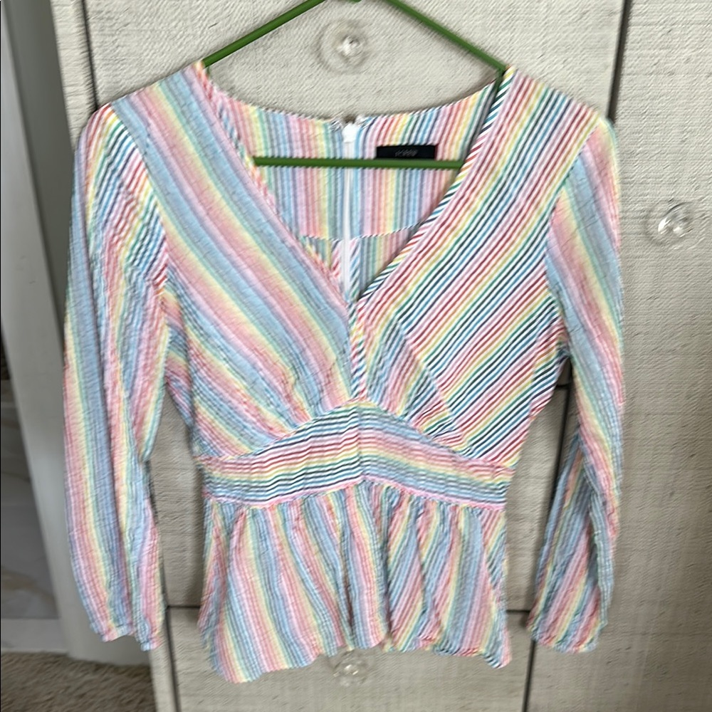 J. Crew rainbow seersucker Peplum Blouse long Sleeves